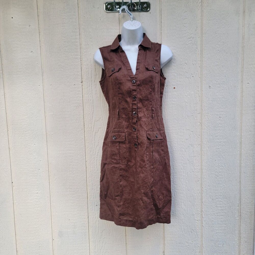 H&M 100% Linen Brn Safari Dress Sz 6 Sleeveless Button Front Multi-Pocket Casual